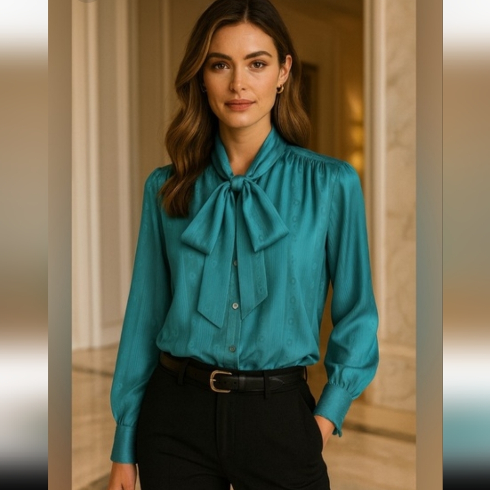 Vintage Chagall Teal Secretary Pussybow Blouse